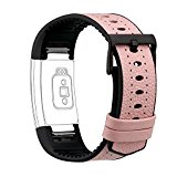 For Fitbit Charge 2 Bands, Genuine Leather Replacement Bands for Fitbit Charge 2 Pink Leather with Black TPU