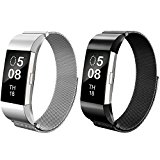 Fitbit Charge2 Bands, Aiunit Charge2 HR Milanese Loop Stainless Steel Metal Replacement Accessories Wristband with Magnet Lock for Fitbit Charge2 HR and Fitbit Charge2 – 2pack Black+Silver(No Tracker)