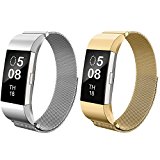 Fitbit Charge2 Bands, Aiunit Charge2 HR Milanese Loop Stainless Steel Metal Replacement Accessories Wristband with Magnet Lock for Fitbit Charge2 HR and Fitbit Charge2- 2pack Gold + Siver (No Tracker)