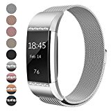 For Fitbit Charge 2 Bands, hooroor Milanese Stainless Steel Metal Strap with Unique Magnet Lock Replacement Band for Fitbit Charge 2 (1 Pack Silver Band with White Diamond, Small Size 5.3″ – 7.5″)