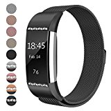 For Fitbit Charge 2 Bands, hooroor Milanese Stainless Steel Metal Strap with Unique Magnet Lock Replacement Band for Fitbit Charge 2 (1 Pack Black Band with White Diamond, Small Size 5.3″ – 7.5″)