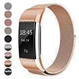 For Fitbit Charge 2 Bands, hooroor Milanese Stainless Steel Metal Strap with Unique Magnet Lock Replacement Band for Fitbit Charge 2 (1 Pack Rose Gold Band with White Diamond, Small Size 5.3″ – 7.5″)