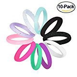 Fynix Silicone Wedding Ring for Women, 10 Pack Premium Medical Grade Wedding Bands Thin and Stackable Durable Comfortable Antibacterial Rubber Rings, Black White Pink Silver