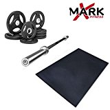 XMark Fitness Combo offer Olympic Excercise Bar with Premium Quality Rubber Coated Tri-grip Olympic Plate Weight sets and Ultra Thick rubber workout gym flooring mat (Bar+Weigh 45lbt+Gym Mat)