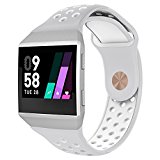 UMTELE For Fitbit Ionic Band, Two-toned Perforated Replacement Strap Breathable Accessory Wristband with Quick Lock&Release Buckle for Fitbit Ionic Smart Watch, Small, Silver/White