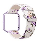 Replacement Band for Fitbit Blaze, Watchband Floral Soft Leather Strap Replacement Watch Band Wristband Bracelet Strap and Frame for Fitbit Blaze (White Purple+ Purple Frame)