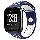 NO1seller Top Fitbit Versa Bands for Women Men Small Large, Soft Silicone Sport Strap Replacement with Ventilation Holes for Fitbit Versa Fitness Smart Watch (Blue/White, Large:6.7-8.9)