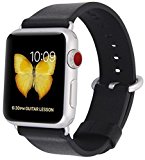 JSGJMY Apple Watch Band 42mm Men Women Black Genuine Leather Loop Replacement Strap with Silver Metal Clasp for Iwatch Series 3 Series 2 Series 1 Sport Edition