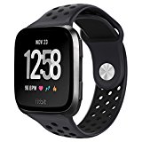 NO1seller Top Fitbit Versa Bands for Women Men Small Large, Soft Silicone Sport Strap Replacement with Ventilation Holes for Fitbit Versa Fitness Smart Watch (Anthracite/Black, Large:6.7-8.9)