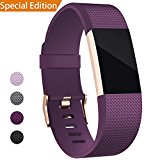 Hotodeal For Fitbit Charge 2 Band, Classic Soft TPU Adjustable Replacement Bands Fitness Sport Strap for Fitbit Charge 2, Rose Gold Buckle, Small Purple