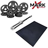 XMark Fitness Combo offer Olympic Excercise Bar with Premium Quality Rubber Coated Tri-grip Olympic Plate Weight sets and Ultra Thick rubber workout gym flooring mat (Bar+Weight 165lb+Gym Mat)