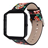 YOSWAN Replacement Band for Fitbit Blaze, Watchband Floral Soft Leather Strap Replacement Watch Band Wristband Bracelet Strap and Frame for Fitbit Blaze (Black Red+ Black Frame)