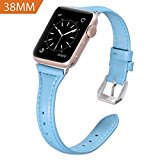 Karei Apple Watch Band 38mm, Retro Top Grain Genuine Leather Replacement Strap with Stainless Steel Clasp for iWatch Series 3,Series 2,Series 1,Sport, Edition(Blue Band+Silver Buckle)