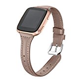 bayite Bands For Fitbit Versa, Slim Genuine Leather band Replacement Accessories Strap for Versa Women Men, Dark Pink