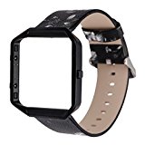 YOSWAN Replacement Band for Fitbit Blaze, Watchband Floral Soft Leather Strap Replacement Watch Band Wristband Bracelet Strap and Frame for Fitbit Blaze (Black Gray+ Black Frame)