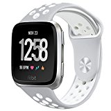 NO1seller Top Fitbit Versa Bands for Women Men Small Large, Soft Silicone Sport Strap Replacement with Ventilation Holes for Fitbit Versa Fitness Smart Watch (Gray/White, Large:6.7-8.9)
