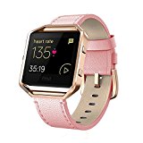 Andyou For Fitbit Blaze Bands Leather with Frame Small Large (5″-8.2″), Genuine Leather Replacement Band with Silver/Rose Gold/Black Metal Frame for Fitbit Blaze Women Men, Black, Brown, White, Pink,