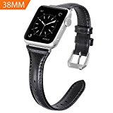 Karei Apple Watch Band 38mm, Retro Top Grain Genuine Leather Replacement Strap with Stainless Steel Clasp for iWatch Series 3,Series 2,Series 1,Sport, Edition (Black Band+Silver Buckle)
