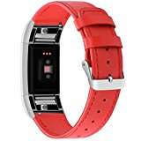 iGK For Fitbit Charge 2 Bands, Genuine Leather Replacement Bands for Fitbit Charge 2 New Flat-end Red with Metal Connectors