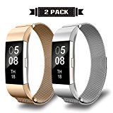 AIUNIT Fitbit Charge2 Bands, Alta HR Milanese Loop Stainless Steel Metal Replacement Accessories Wristband with Magnet Lock for Fitbit Charge2 HR and Fitbit Charge2-2pack RoseGold+Silver (No Tracker)