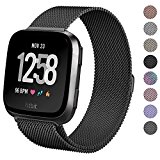 hooroor Fitbit Versa Bands for Women Men, Milanese Loop Stainless Steel Metal Replacement Bracelet Strap with Unique Magnet Lock Accessories Wristbands for Fitbit Versa Watch (Black, Large)