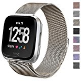 hooroor Fitbit Versa Bands for Women Men, Milanese Loop Stainless Steel Metal Replacement Bracelet Strap with Unique Magnet Lock Accessories Wristbands for Fitbit Versa Watch (Champagne, Small)