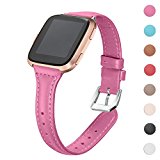 bayite Bands For Fitbit Versa, Slim Genuine Leather band Replacement Accessories Strap for Versa Women Men, Hot Pink