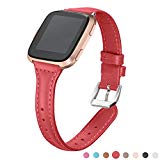 bayite Bands For Fitbit Versa, Red, Replacement Slim Genuine Leather band Accessories Strap for Versa Women Men, (5.3″-7.8″), Red band