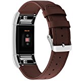 For Fitbit Charge 2 Bands, Genuine Leather Replacement Bands for Fitbit Charge 2 New Flat-end Brown with Metal Connectors