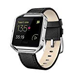 Andyou Fitbit Blaze Bands Leather with Frame Small & Large (5″- 7.1″), Genuine Leather Replacement Band with Silver/Rose Gold/Black Metal Frame for Fitbit Blaze Women Men, Black yin Small