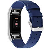 For Fitbit Charge 2 Bands, Genuine Leather Replacement Bands for Fitbit Charge 2 New Blue Flat-end with Metal Connectors
