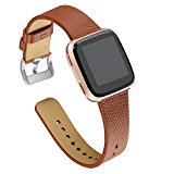 bayite leather bands for Fitbit Versa, Slim Genuine Leather Strap Replacement Accessories Fitness Classic Wristband for Versa Bands Women Men, Brown