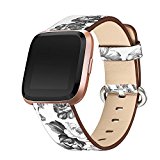 bayite leather bands for Fitbit Versa, Slim Leather Strap Replacement Accessories Fitness Classic Wristband for Versa Bands Women, White with Gray Flower