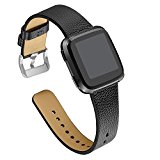 bayite leather bands for Fitbit Versa, Slim Genuine Leather Strap Replacement Accessories Fitness Classic Wristband for Versa Bands Women Men, Black
