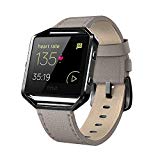 Fitbit Blaze Bands Leather with Frame Small & Large (5″- 8″), AndyouGenuine Leather Replacement Band with Silver/Rose Gold/Black Metal Frame for Fitbit Blaze Women , Gray large