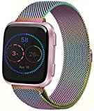 Vancle For Fitbit Versa Bands, Stainless Steel Milanese Mesh Loop Metal Replacement Wristbands with Magnet Lock for Fitbit Versa (Rainbow, Small)