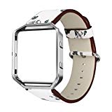 Andyou For Fitbit Blaze Bands Leather with Frame Small Large (5″-8.2″), Genuine Leather Replacement Band with Silver Metal Frame for Fitbit Blaze Women Men, White + Gray Small