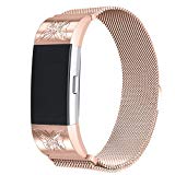 bayite For Fitbit Charge 2 Bands, Stainless Steel Metal Replacement Accessories Milanese Loop Bracelet Strap with Unique Magnet Lock, Rose Gold with Rhinestone Small