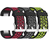 SKYLET For Fitbit Charge 2 Bands, 3 Pack Breathable Silicone Replacement Bands for Fitbit Charge 2 with Secure Watch Clasp (No Tracker)[Large, 3PC: Black-Red&Black-Grey&Black-Green]
