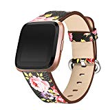 bayite leather bands for Fitbit Versa, Slim Leather Strap Replacement Accessories Fitness Classic Wristband for Versa Bands Women, Black with Pink Flower