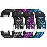 SKYLET For Fitbit Charge 2 Bands, 3 Pack Breathable Silicone Replacement Bands for Fitbit Charge 2 with Secure Watch Clasp (No Tracker)[Large, 3PC: Black-Gray&Black-Purple&Black-Blue]