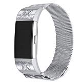 bayite For Fitbit Charge 2 Bands, Large Stainless Steel Milanese Loop Metal Replacement Accessories Bracelet Strap with Unique Magnet Lock, Silver with Rhinestone