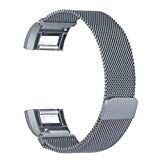 bayite For Fitbit Charge 2 Bands, Stainless Steel Milanese Loop Replacement Accessories Bracelet Strap with Unique Magnet Lock Large Smoke Gray