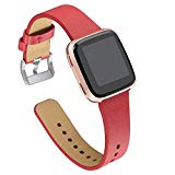 bayite leather bands for Fitbit Versa, Slim Genuine Leather Strap Replacement Accessories Fitness Classic Wristband for Versa Bands Women Men, Red
