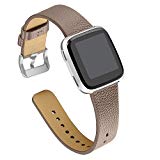 bayite leather bands for Fitbit Versa, Slim Genuine Leather Strap Replacement Accessories Fitness Classic Wristband for Versa Bands Women Men, Grey