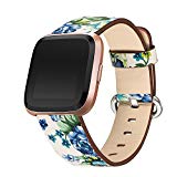 bayite leather bands for Fitbit Versa, Slim Leather Strap Replacement Accessories Fitness Classic Wristband for Versa Bands Women, White with Blue Flower