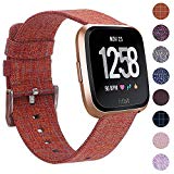EZCO Fitbit Versa Bands Woven Fabric Plaid Style Replacement Strap Wrist Band with Metal Adapter for New Fitbit Versa Smartwatch, Orange Plaid