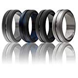 ROQ Silicone Wedding Ring for Men, Set of 4 Elegant, Affordable Silicone Rubber Wedding Bands, Brushed Top Beveled Edges -Black, Grey, Black-Blue Camo, Beveled Metalic Platinum – Size 15