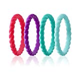 ROQ Silicone Wedding Ring for Women, Set of 4 Thin Stackable Silicone Rubber Wedding Bands Braided – Turquoise, Mint, Purple, Pink – Size 5