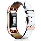 Hotodeal Band Compatible Fitbit Charge 2 Replacement Bands, Classic Genuine Leather Wristband Metal Connectors, Fitness Strap Women Men Small Large White & Rosegold